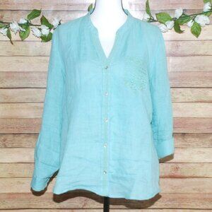 Nurture Ladies Blue 100% Linen Button Up Blouse Size L Roll Tab Sleeves Lace